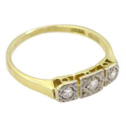 Art Deco gold three stone diamond chip ring, stamped 18ct Plat