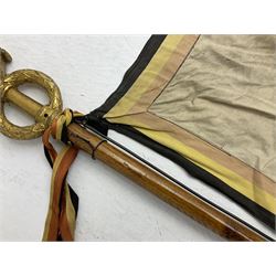 WW2 Belgian Partisan/Resistance two-sided banner embroidered in black on a cream ground 'Belgische Partisanen Korps 032 afd: Ph: De Bruyne' within a Belgian flag border; on wooden pole with gilded metal lion and laurel wreath finial