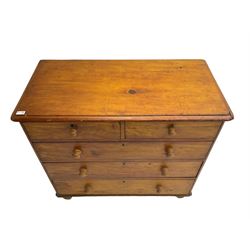 Late 19th century waxed pine chest, fitted with two short over three graduating drawers, on turned feet
