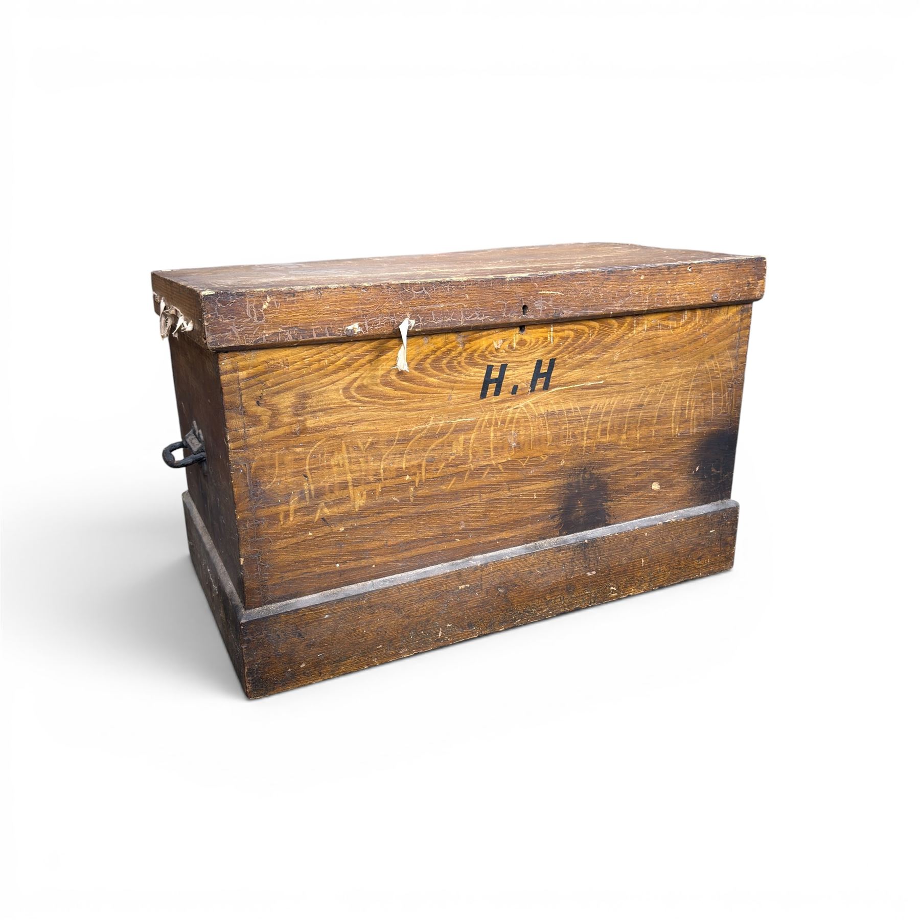 Victorian stained pine carpenters toolbox and contents, fitted interior with saws, planes, chisels etc