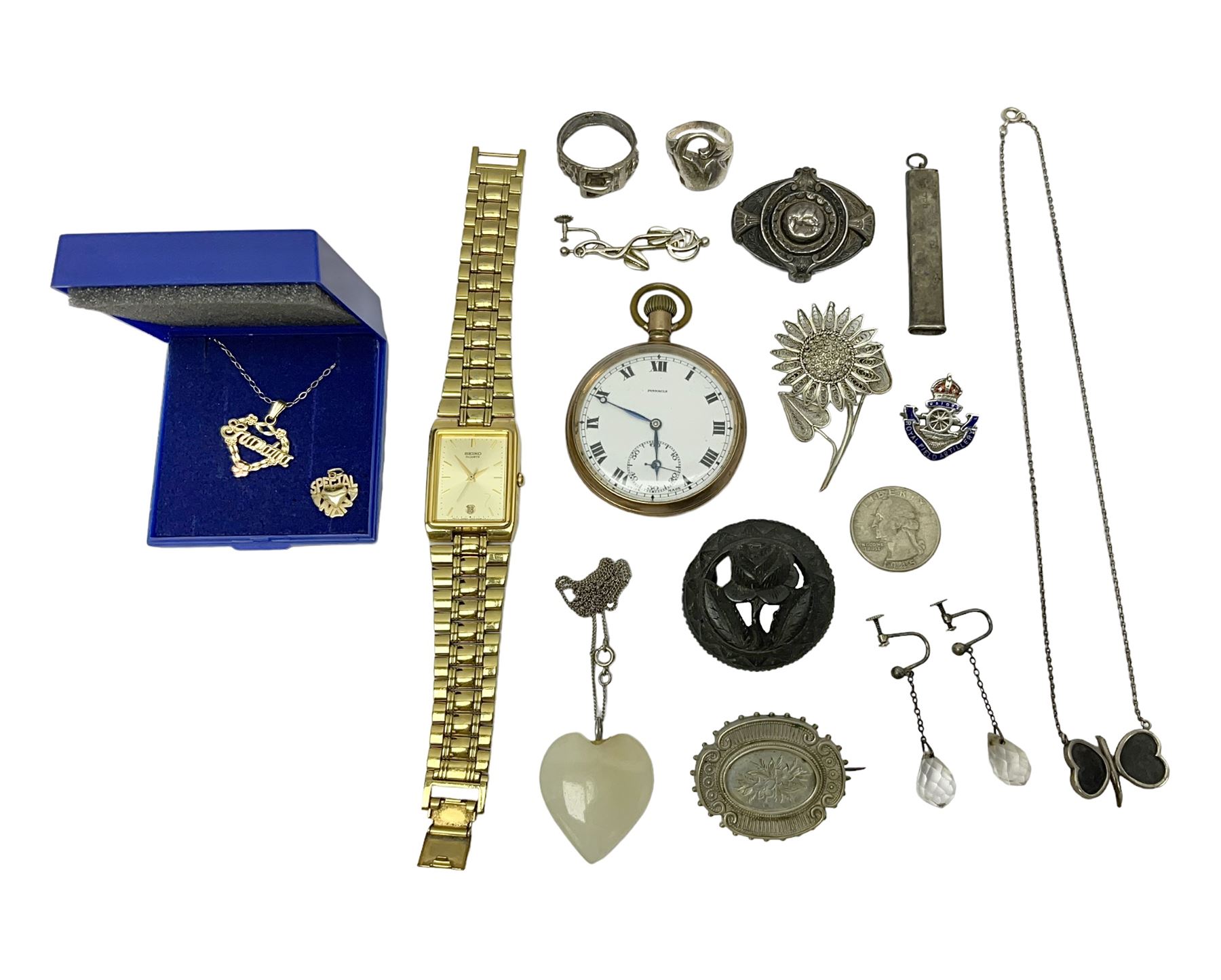 9ct gold 'Grandma' necklace and 'Special nan' pendant, Pinnacle open face gold plated pocket watch, Seiko quartz wristwatch and silver jewellery including Victorian brooches, etc