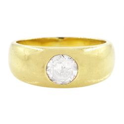 18ct gold gypsy set, single stone transitional cut diamond ring, diamond approx 0.65 carat