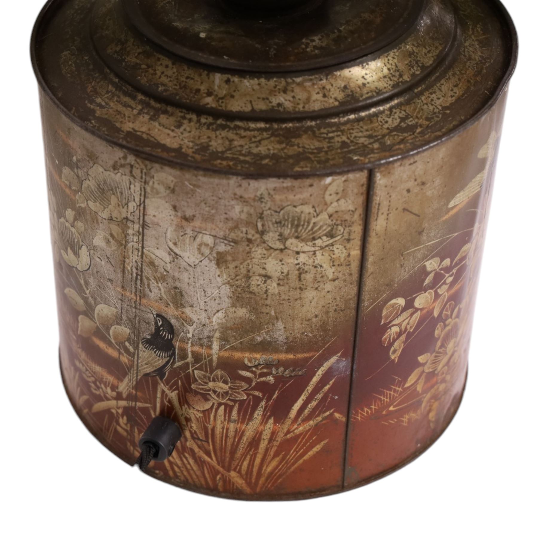 19th century - S. Parkinson & Son of Doncaster, toleware confectionary tin converted into a lamp, decorated with birds in foliage, with impressed maker's marks beneath, H37cm