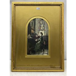 After Sir Frank Dicksee (British 1853-1928): 'Harmony', textured hand coloured line engraving signed and dated 1878 in the plate 40cm x 23cm
Notes: Shortly after Dicksee was granted a studentship to enter the Royal Academy Schools, he joined the Langham Sketching Club. One evening the set subject was 'Music'. Encouraged with the sketch he had made Dicksee decided to make a repetition of it in oil. In 1877, when he was only 24 years old, the painting was exhibited at the Royal Academy with the new title Harmony. Presented to the Tate by the Trustees of the Chantrey Bequest 1877. Harmony is one of the most well known pictures by Dicksee