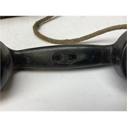 Early-mid 20th century internal telephone system, comprising exchange box with attached TMC rotary telephone and dictograph with Bakelite handset and support upon stained wood case, and 1960s black Bakelite telephone model 312L with G.P.O sticker beneath, largest H30.5cm W36.5cm D30cm