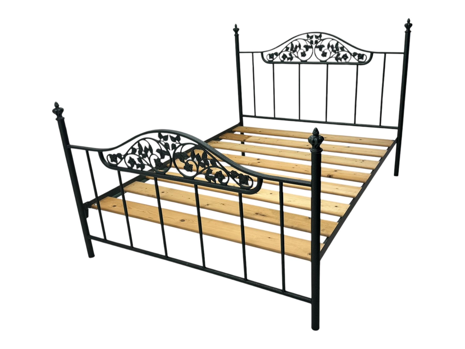 Contemporary metal double bed frame, shaped head and footboards with foliate cast panels and vertical rod supports, the corner posts with urn-shaped finials, finished in a mottled verdigris-style green, with pine slatted base