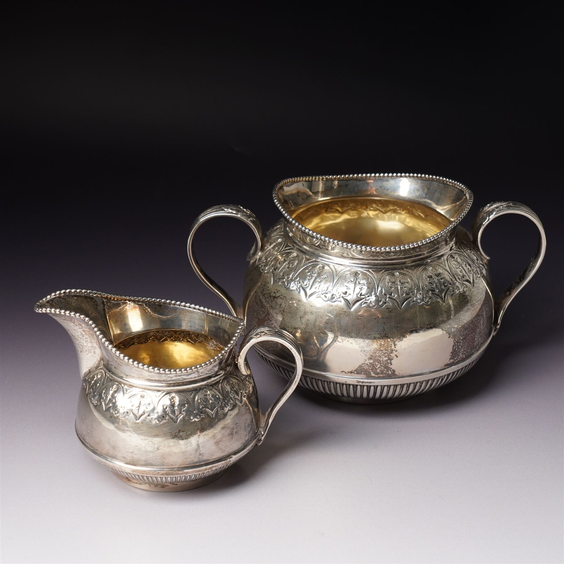 Edwardian silver four piece tea and coffee set with leaf capped handles and foliate banding Sheffield 1902-1905 Maker Richard Richardson
