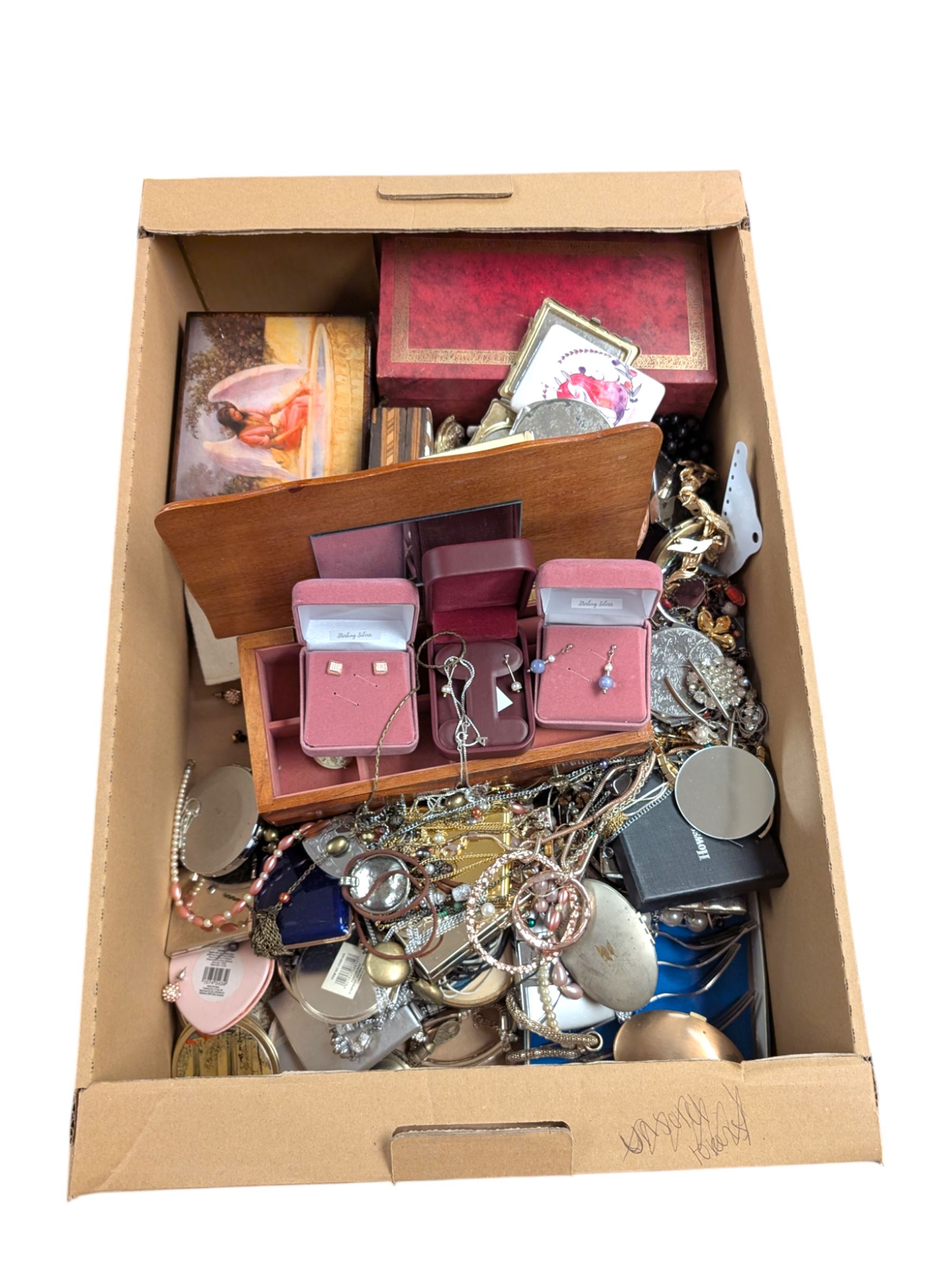 Silver earrings, including three boxed pairs, costume jewellery, compact mirrors and three jewellery boxes