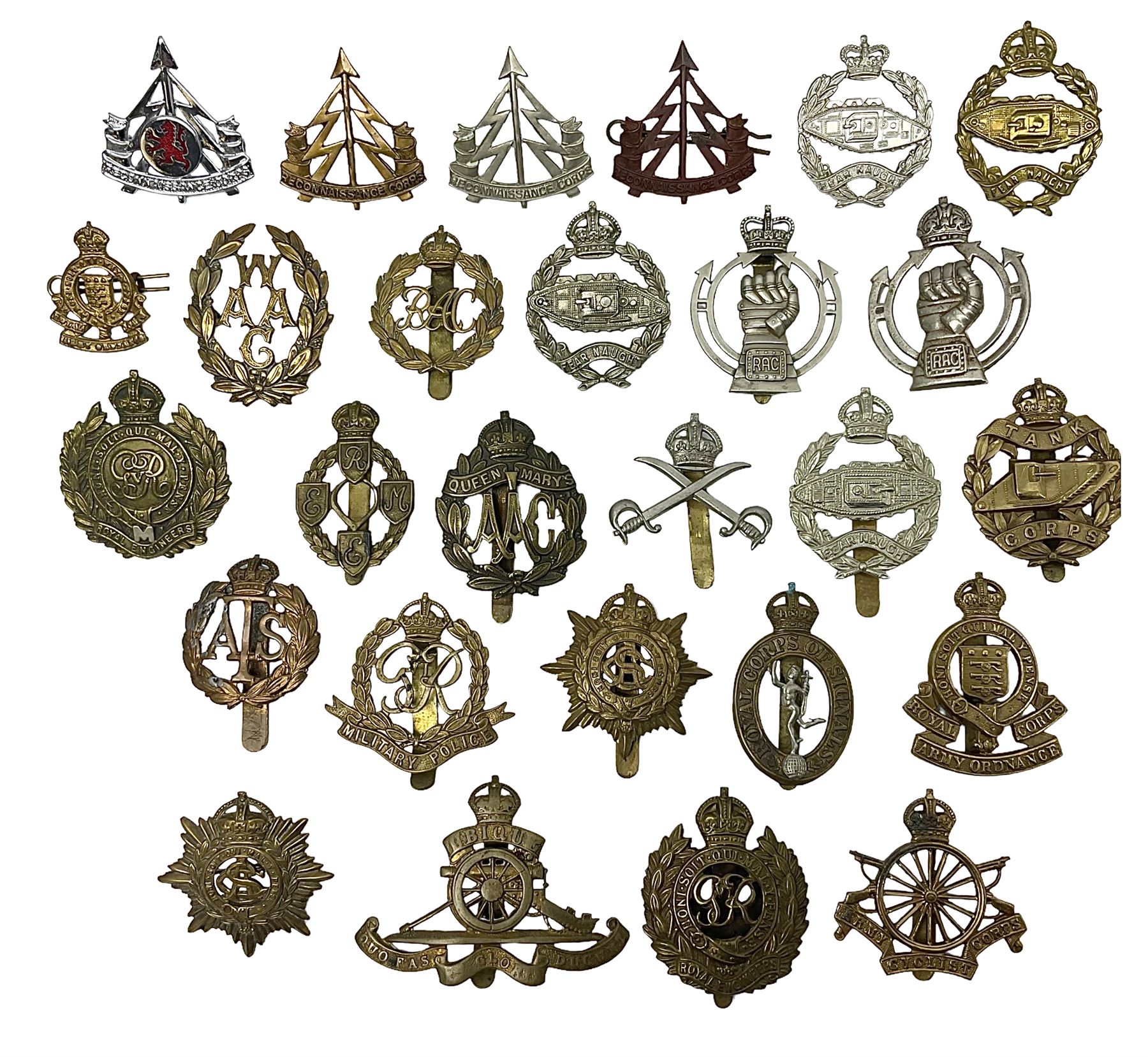 Twenty-seven military metal cap badges including Royal tank Corps, Reconnaissance Corps, Royal Armoured Corps, Royal Corps of Signals, Womens Army Auxiliary Corps, Queen Mary's Army Auxiliary Corps, Auxiliary Territorial Service,  Royal Engineers, REME, Army physical Training Corps etc 