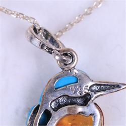 Silver amber and tortoise shell Kingfisher pendant necklace, boxed
