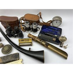 Pair of WW1 Kingsway 8x25 binoculars, John Rabone & Son level, brass weights and other instruments in one box