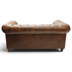 Timothy Oulton for Halo - two seater brown leather chesterfield settee, of traditional shape with rolled back and arms, upholstered in back-buttoned tan leather with loose seat cushions, raised on turned feet