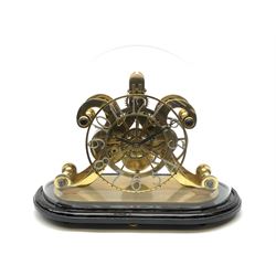 Late 20th century brass epicyclic skeleton clock, scrolled four pillar movement with pierced Arabic chapter ring, single fusee movement, mounted on black finish stand under glass dome, frame stamped verso 'Empero Clock Co. Ltd, London, Serial no. 035', W37cm, H29cm (including dome)