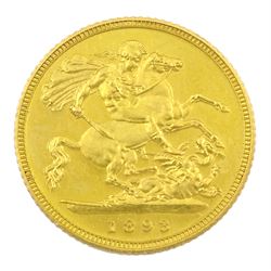 Queen Victoria 1893 gold half sovereign coin, proof-like qualities