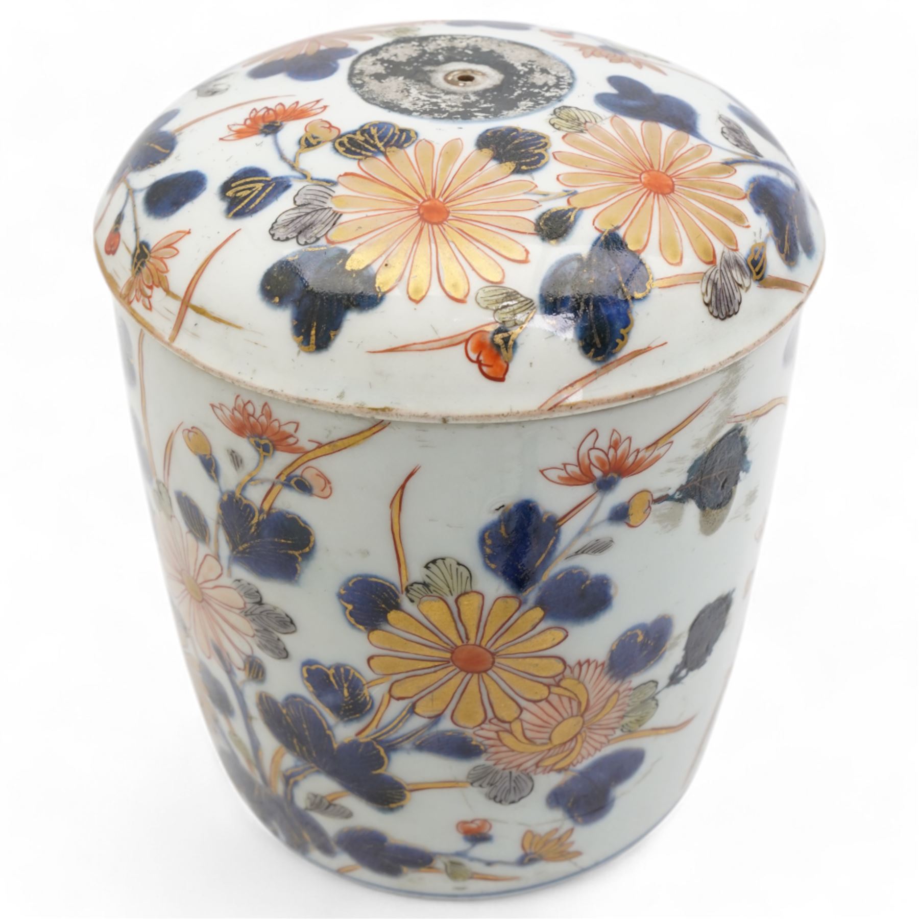 Japanese Edo period, 18th century porcelain jar and cover, decorated in the imari palette with branches of chrysanthemums, H18cm x D13.5cm 