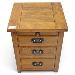 Two hardwood bedside chests,  of rectangular form, fitted with three drawers with recessed brass handles, panelled sides, and flush top, W55xD40xH68cm & W45D45xH68cm 