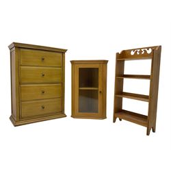 Light wood shoe cabinet, fitted with two hinged compartments (W66cm, H93cm, D33cm); light oak display cabinet enclosed by glazed door (W52cm, H78cm); and a light oak open bookcase with four shelves (W47cm, H91cm, D16cm) (3)