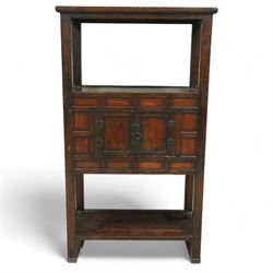 20th century Korean stained pine and elm cabinet, rectangular top over central panelled cu...