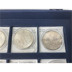 Twelve United States of America silver Morgan dollar coins, dated 1878 S, 1879 S, 1880 S, 1881 S, 1882 O, 1883 O, 1884 O, 1884 CC, 1885 O, 1886, 1887 and 1888