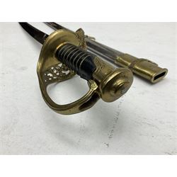 Reproduction American Civil War Cavalry trooper's sword, the 88cm slightly curving fullered steel blade marked to the ricasso 'Ames & Co Chicopee Mass.' and 'US ADK 1862'; brass hilt and leather covered grip; in steel scabbard L110cm overall;  and another reproduction sword (2)