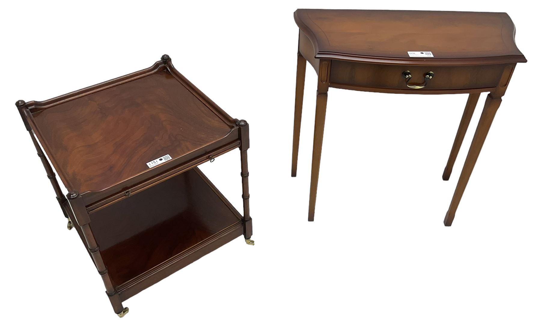 William Bartlett - small cherry wood console table, shaped moulded top over single drawer, on square tapering supports (W69cm, H71cm, D34cm); together with a Georgian design mahogany two-tier occasional table with slide (50cm x 50cm, H55cm)