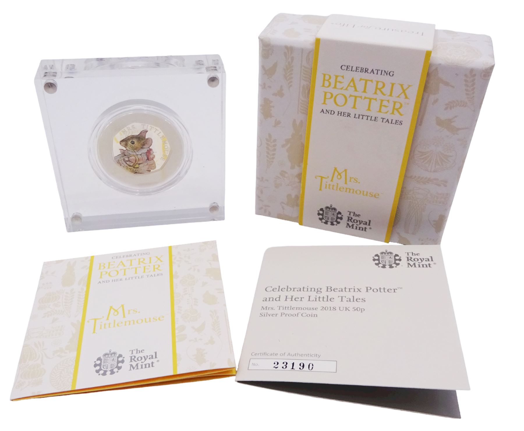 Three The Royal Mint United Kingdom Beatrix Potter silver proof fifty pence coins, 'Benjamin Bunny', 'Mrs Tittlemouse' and 'Peter Rabbit' all cased with certificates