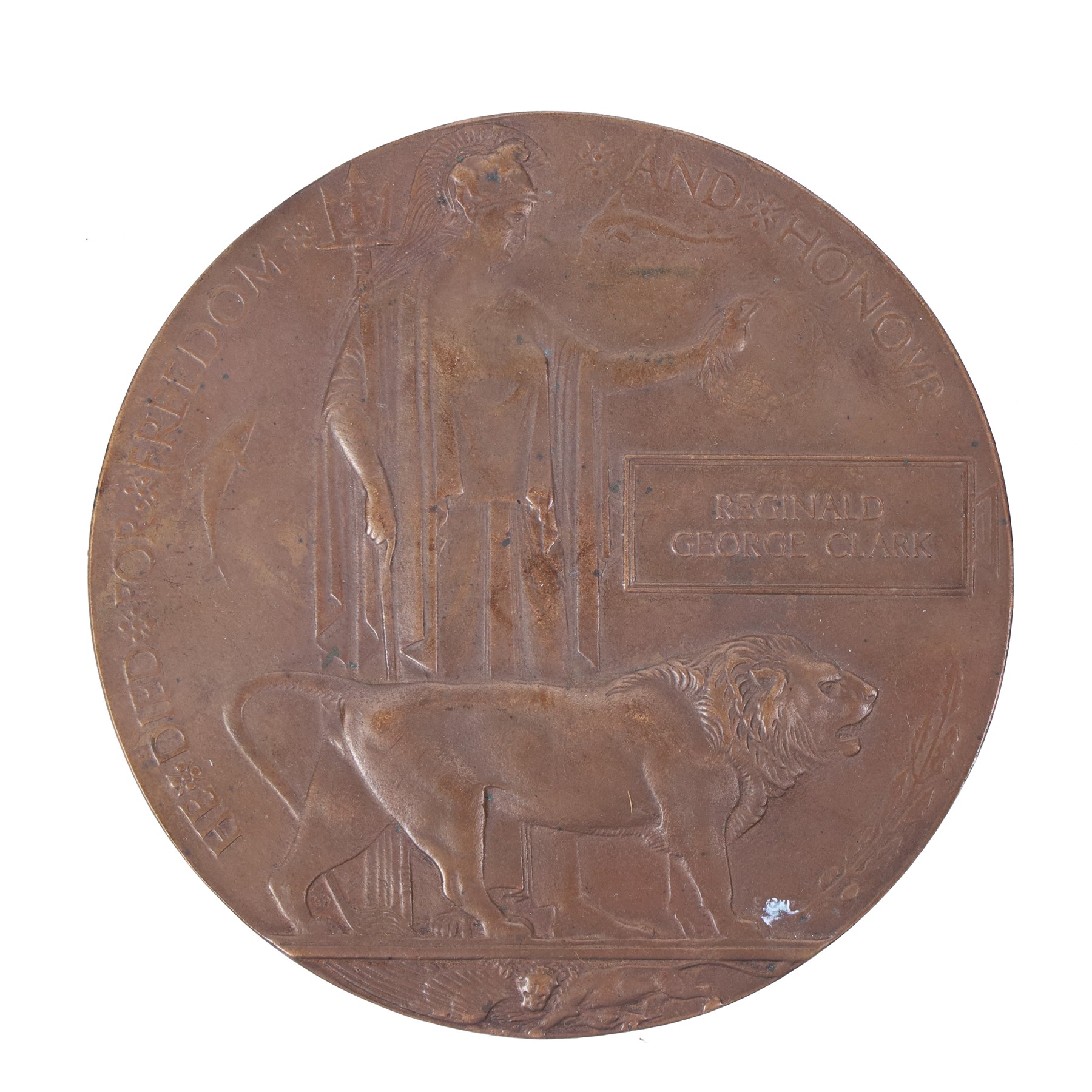 WWI bronze death plaque for Reginald George Clark, with card holder 