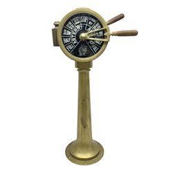 Ship's telegraph on brass floor mounted tapering stand, to suit a twin engined ship, with separately moving handles H83cm