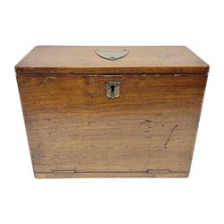 Wooden table stationery box, with drop down front and fitted interior, with metal shield plaque to the hinged lid, H18cm