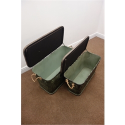  Two graduating industrial style metal and wood trunks with rope handles, W81cm/W72cm  