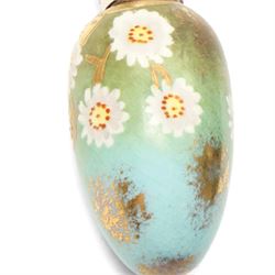 Victorian silver and porcelain scent bottle, painted with flowers on a gilt, blue and green sponged ground, maker GW, Birmingham 1887, L5cm