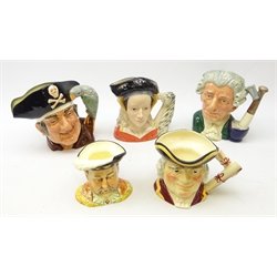  Three Royal Doulton Character jugs Anne of Cleves, Apothecary and Long John Silver and two others (5)  
