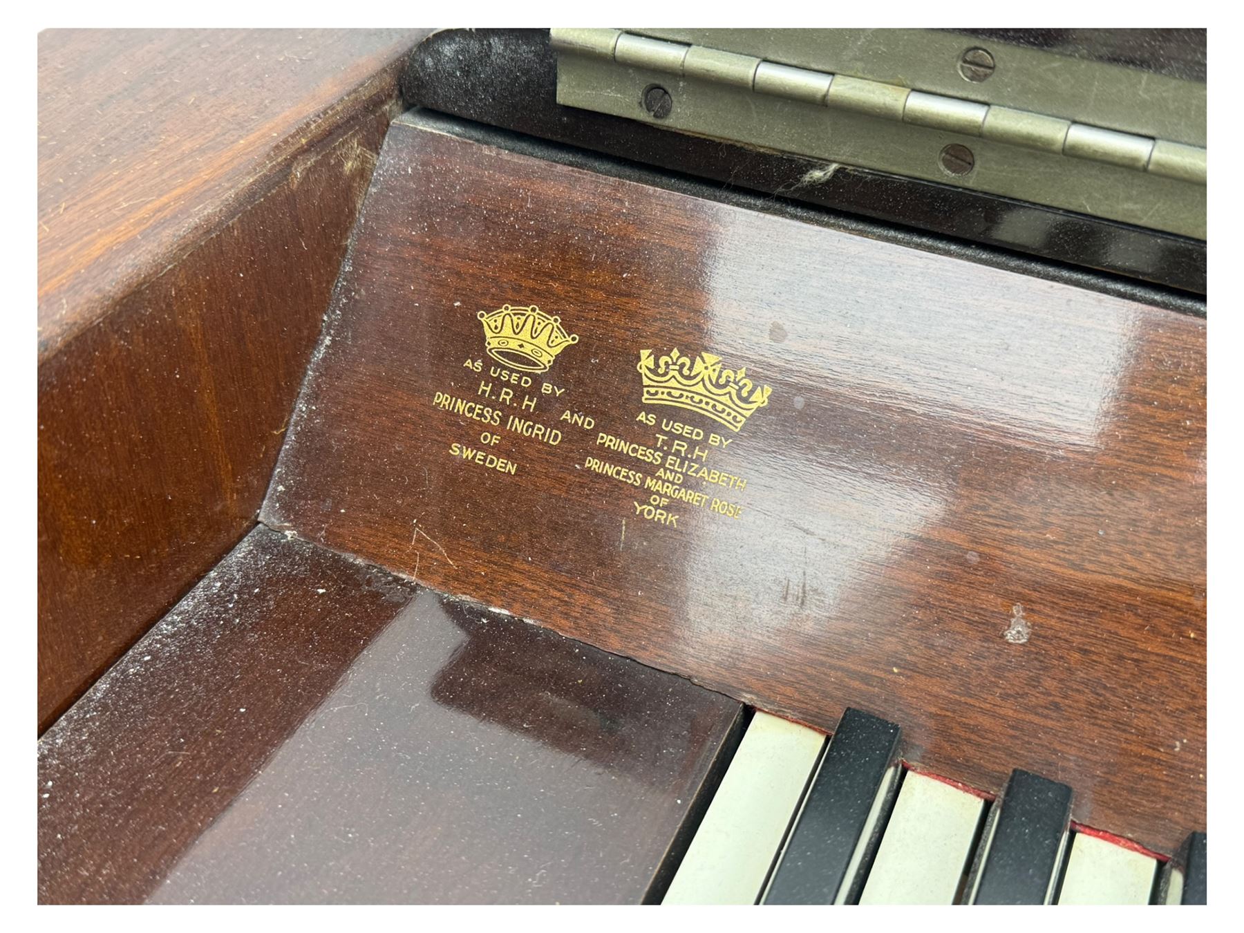 Evestaff - Minipiano early 20th century mahogany cased upright piano, with stool, compact upright form with streamlined mahogany case, full keyboard over two brass pedals, together with matching piano stool