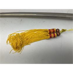 Three reproduction swords - Japanese katana and saya; Tai Chi sword with ornate scabbard; and dress sword with fullered triangular blade and horn handle (3)