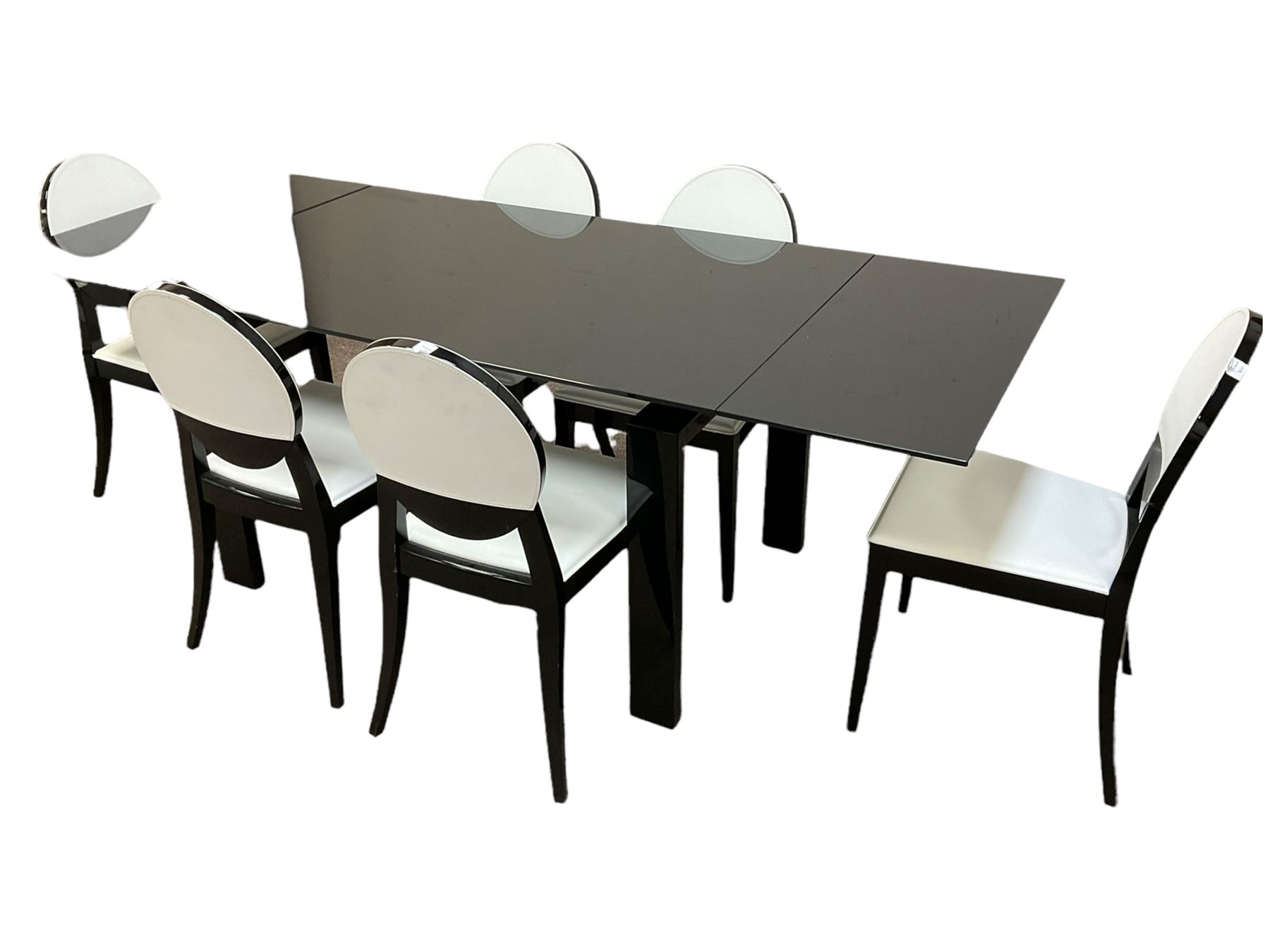 Casabella Dolce Vita black gloss and glass extending dining table, rectangular, and set six chairs black and white dining chairs