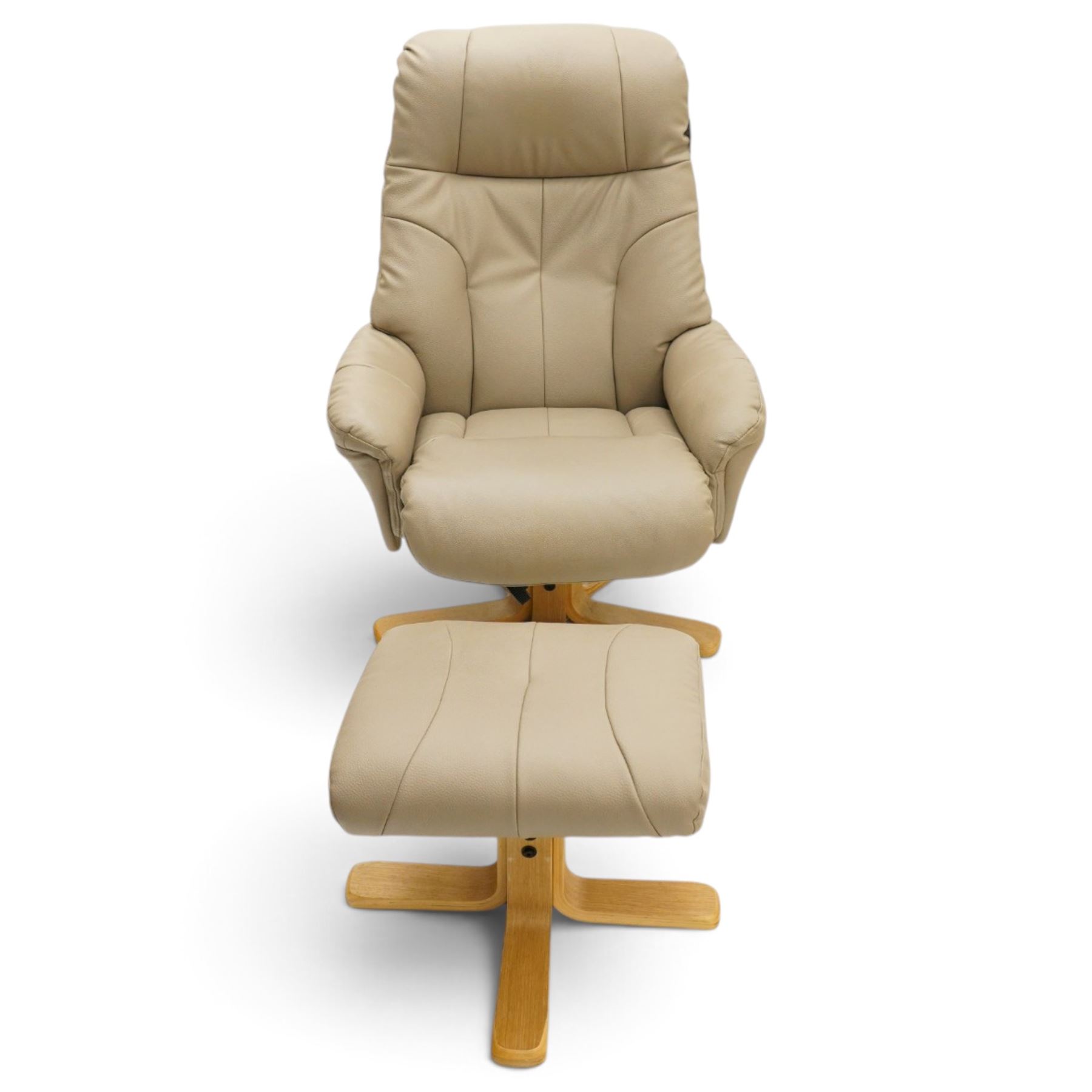 Modern beige leather upholstered swivel armchair and matching footstool, the high back and padded arms with stitched panel detail, raised on laminated beech five and four star bases