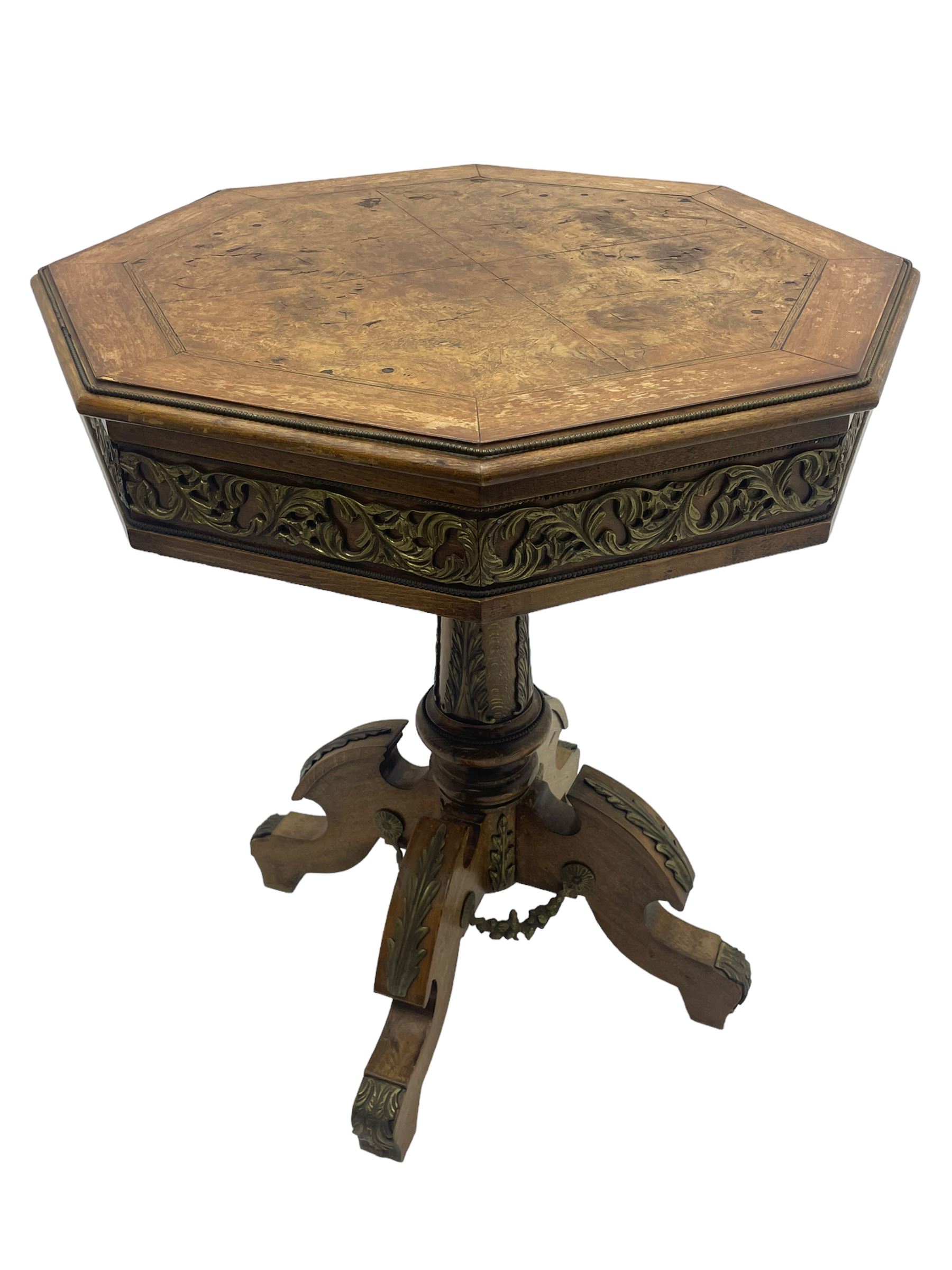 Mid-20th century figured walnut Italian design centre table, octagonal quarter veneered top with cross banding and moulded edge, the skirt decorated with scrolling foliage gilt metal mounts, on turned pedestal mounted with gilt acanthus leaves, quadruple splayed supports with further acanthus leaf decoration