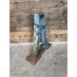 Pair of late 19th century heavy cast iron garden industrial trestles, painted in distressed blue paint