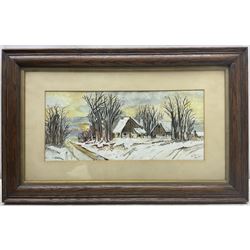 M Fox (British Early 20th Century): Winter Cottages at Dusk, watercolour signed and dated 1921, 15cm x 34cm