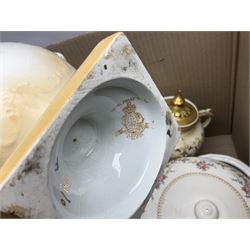 Collection of tea and dinner wares, to include Crown Clarence wares, two Maling cups and saucers, etc,  together with three Foley twin handled urns etc, in three boxes