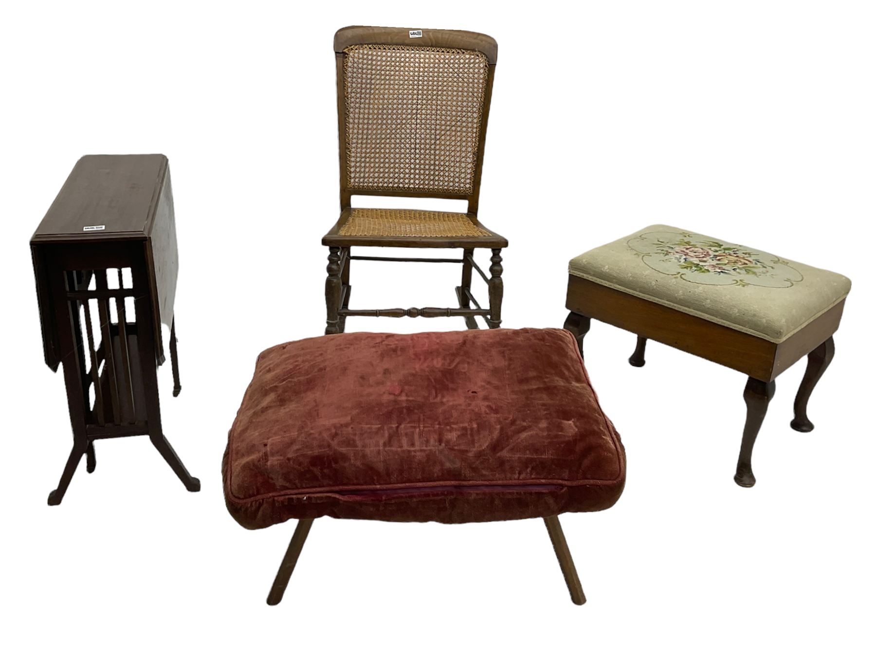 Edwardian corner chair, sewing box, nest of tables, two chairs, luggage stand, stool, drop leaf table and occasional table