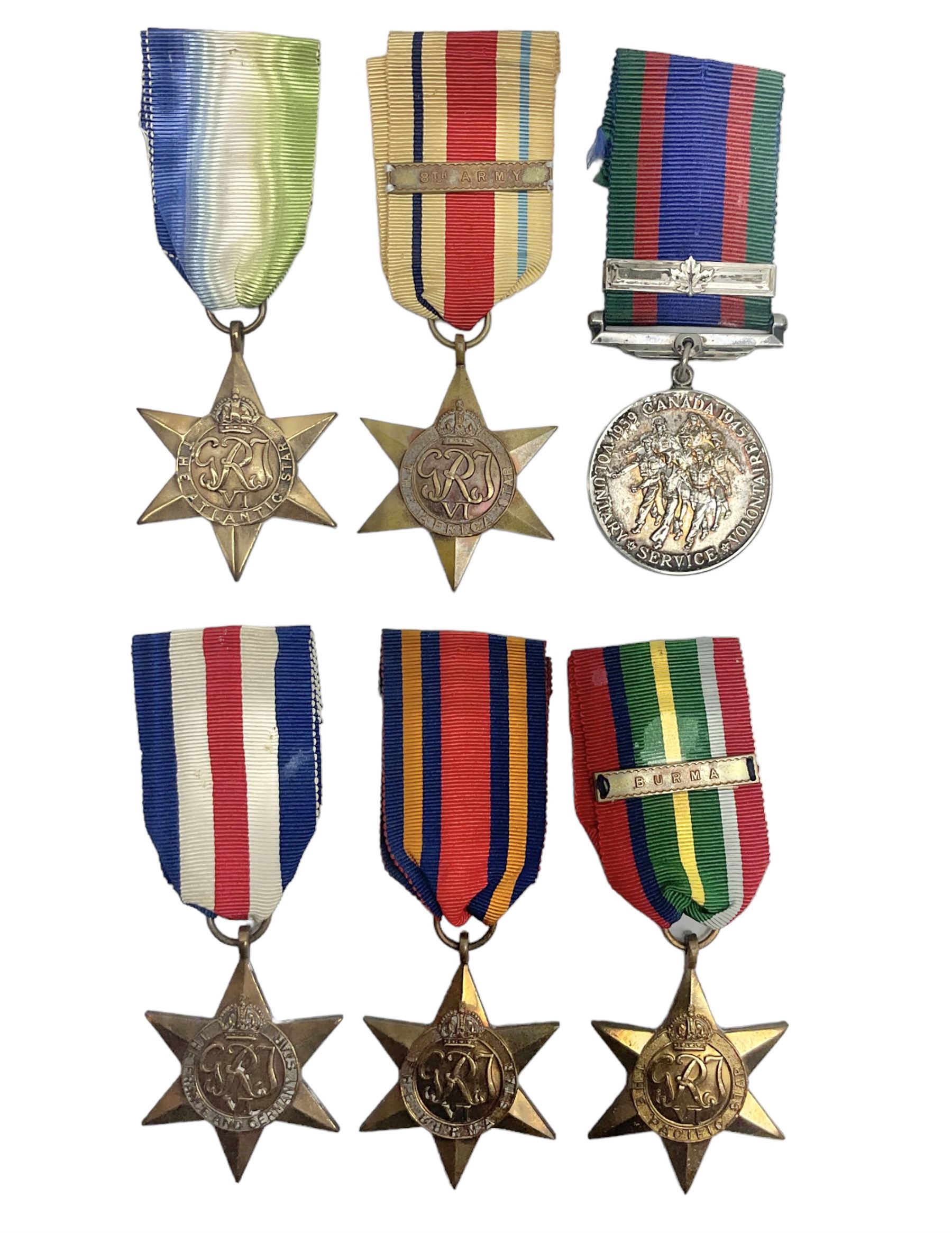 WW2 Canada Volunteer Service Medal 1939-45 with maple leaf clasp; and five WW2 Stars - Burma Star, Atlantic Star, Africa Star with 8th Army clasp, France and Germany Star and Pacific Star with Burma clasp; all with ribbons (6)