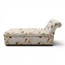 Traditional design scroll end chaise longue Ottoman, floral upholstered buttoned seat hinged to reveal a red lined interior, with reclining scroll end, raised upon squat bun feet