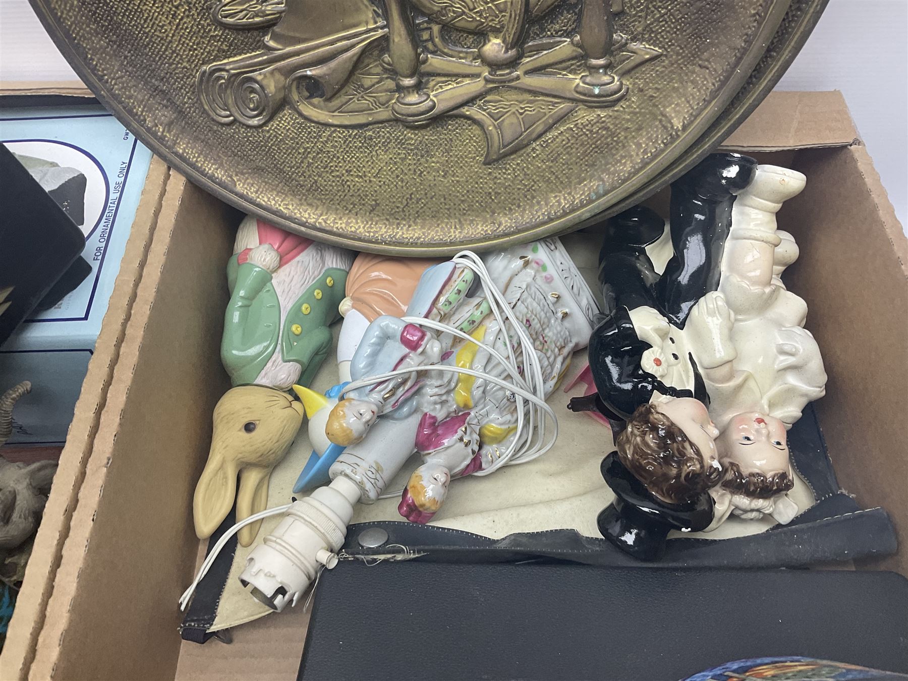 Selection of collectables, to include glass handbags, brass chargers, ceramics etc, in three boxes 