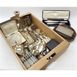 Continental silver caddy spoon with shell pattern terminal stamped 800, set of six silver coffee spoons, 19th century silver-plated candlestick of fluted form, Aikena Amadu Kano silvered metal box, together with other flatware, glass and silver plate in one box