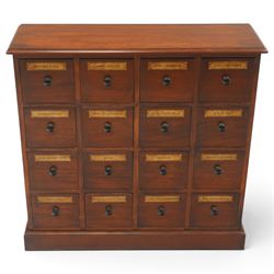 Victorian style mahogany stained chemist’s cabinet, rectangular moulded top over sixteen s...