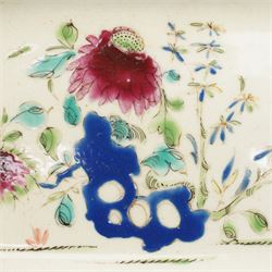 18th century Bow porcelain canted rectangular plate, painted in polychrome chinoiserie and a similarly decorated Bow plate, c1760, rectangular plate W27cm (2)