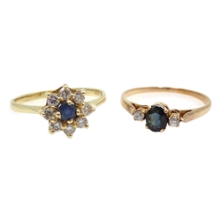  14ct rose gold (tested) three stone sapphire ring and 14ct gold sapphire cluster ring, stamped 585  