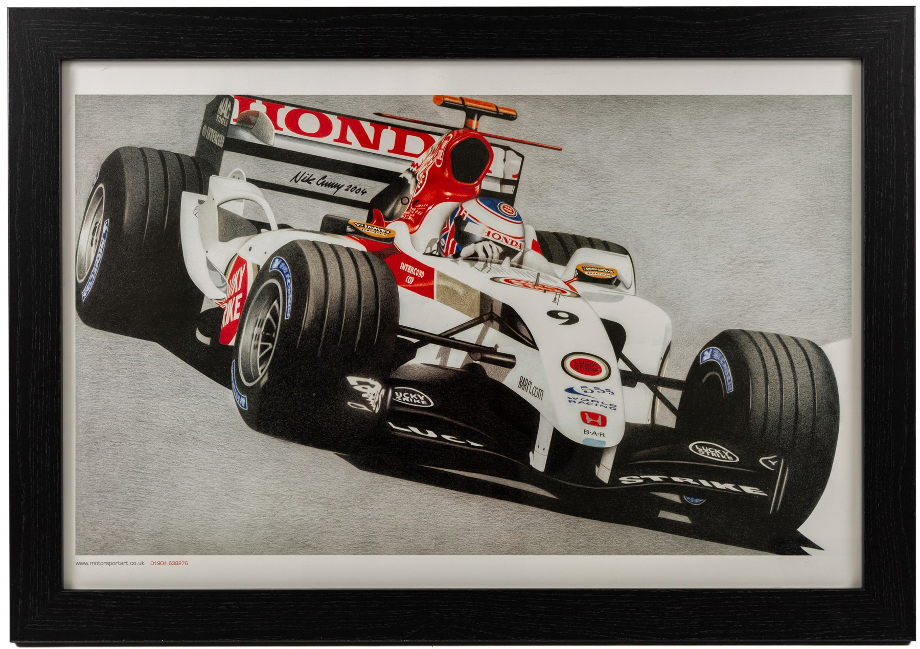 Four Formula 1 racing prints by Nik Curry, all within black frames, largest H38cm, W58cm