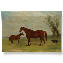 English School (19th/20th century): Portrait of Chestnut Mare and Foal with Terrier, oil on canvas unsigned 47cm x 68cm (unframed)